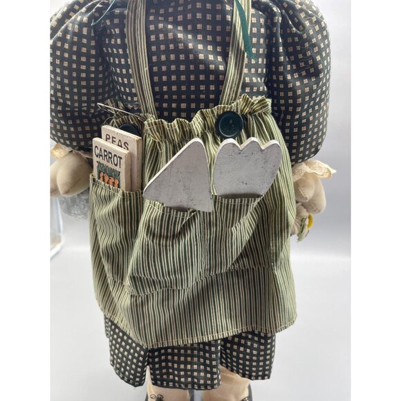 vintage doll country plaid stray hat flowers apron green striped stand 22" READ - Picture 5 of 9